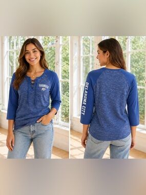 New Era Oklahoma City Thunder Lace-Up Raglan Top - Royal Blue size medium EUC